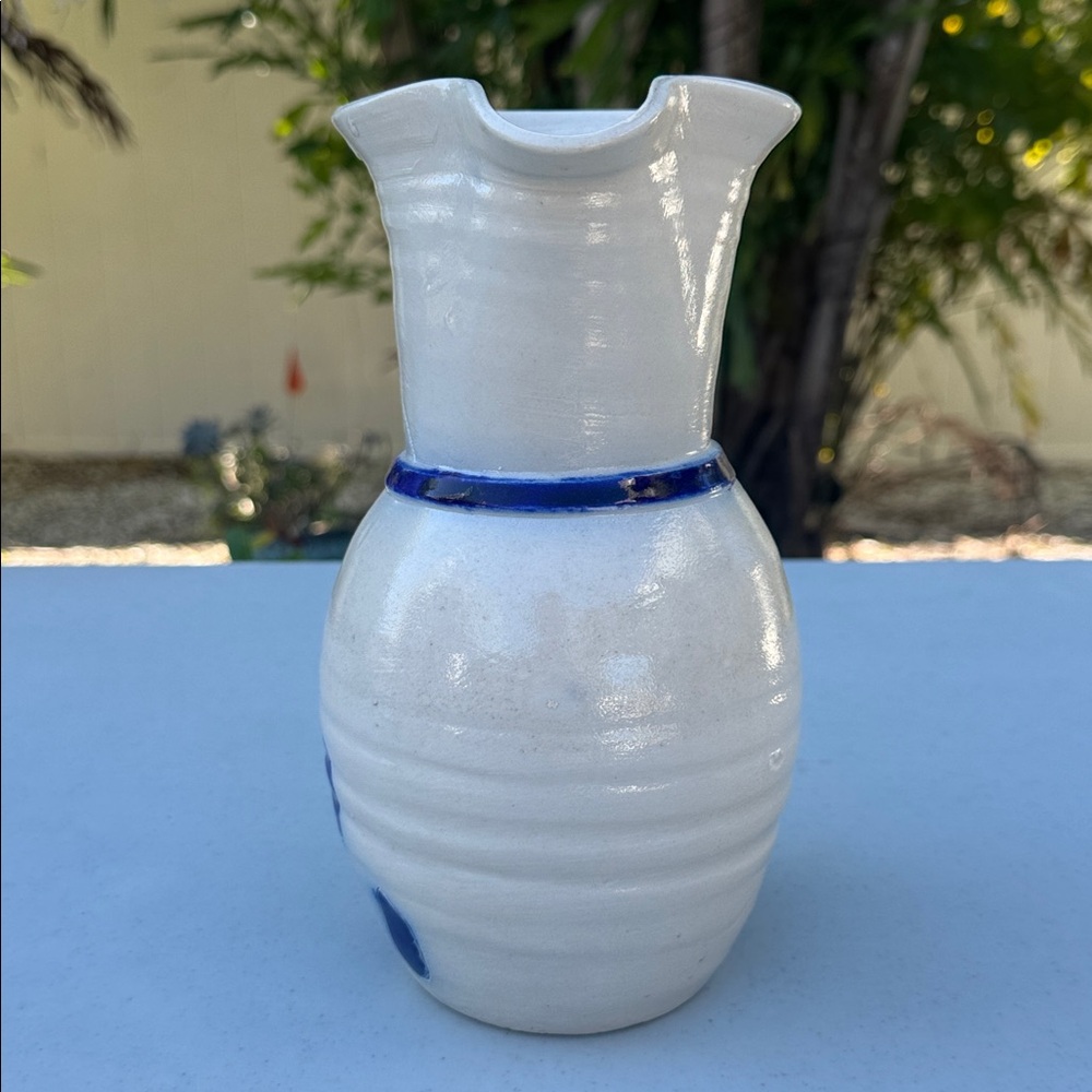 Williamsburg Pottery White Ceramic Pitcher with Blue Floral Leaf Accents, Signed - Picture 2 of 5